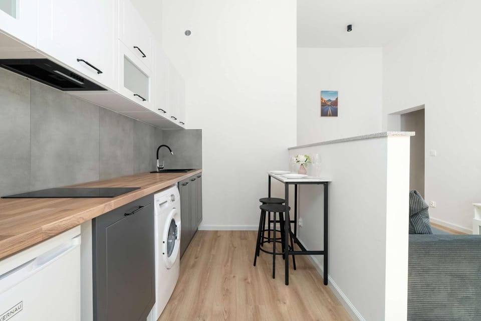 Kitchen or kitchenette, oven, stove, washing machine