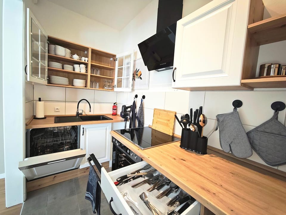 Kitchen or kitchenette, dishwasher, stove