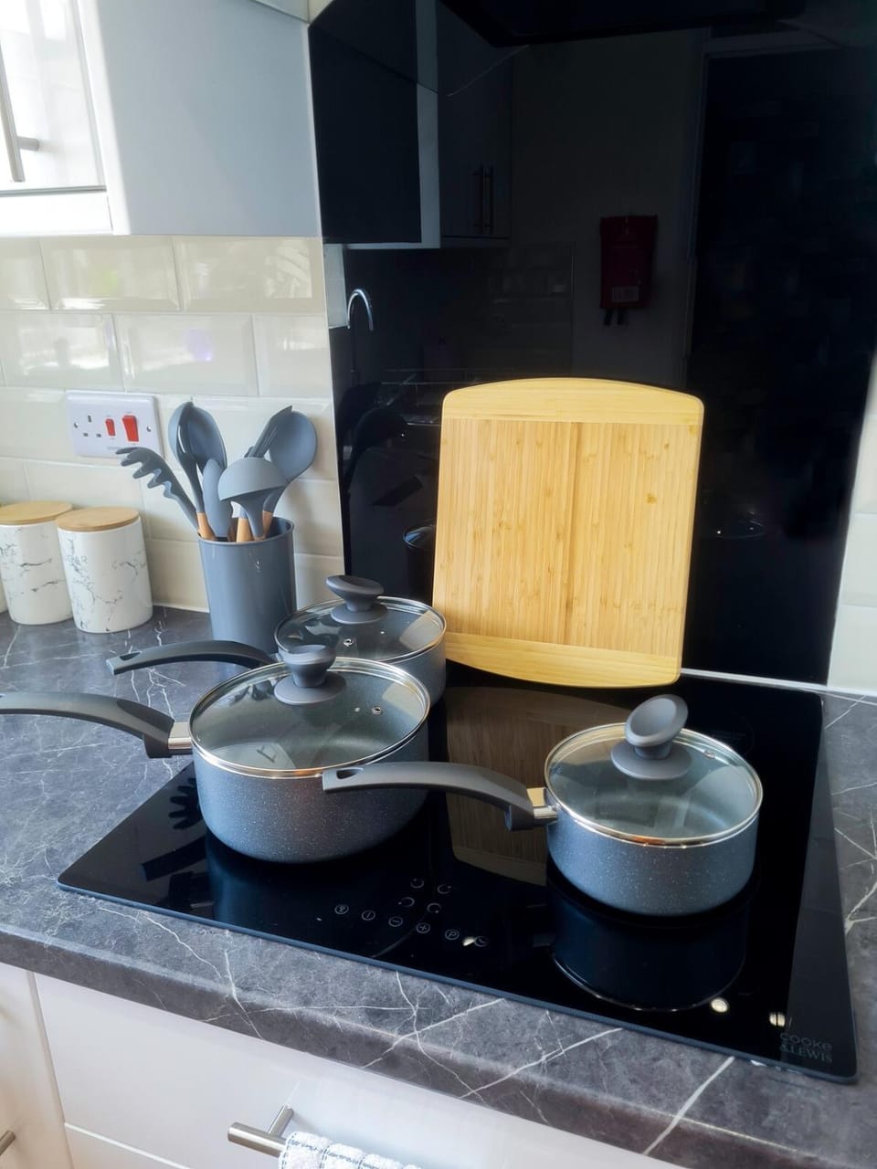 Kitchen or kitchenette, stove