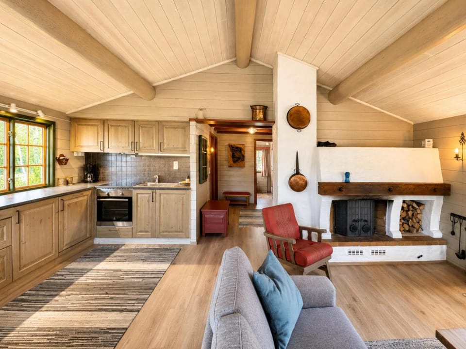 Living room, Seating area, fireplace, kitchen