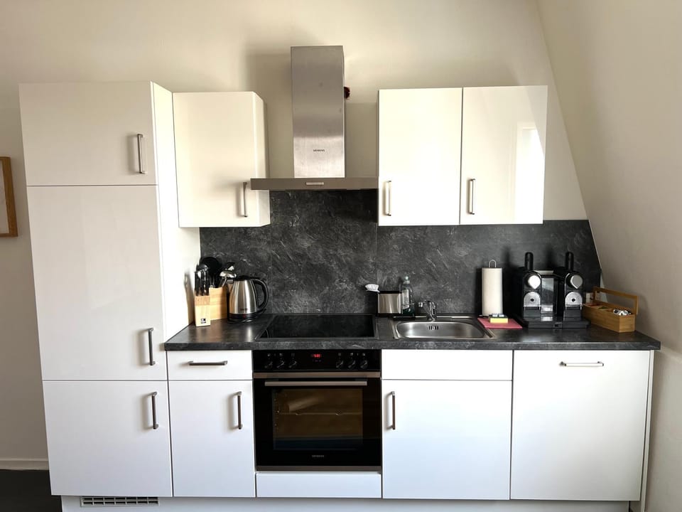 Coffee/tea facilities, Kitchen or kitchenette, dishwasher, stove, wardrobe