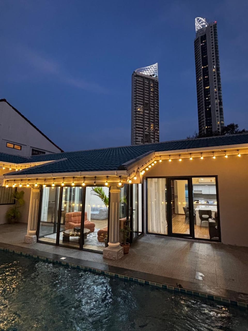 Property building, Night, Pool view, Swimming pool
