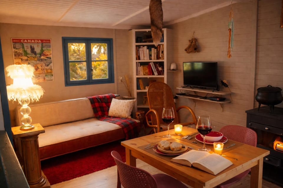 Bed, Library, TV and multimedia, Living room, Food and drinks, Seating area, Dining area
