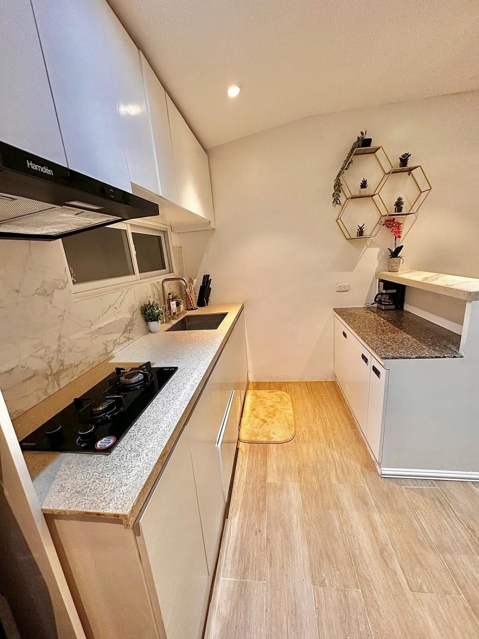 Kitchen or kitchenette, stove