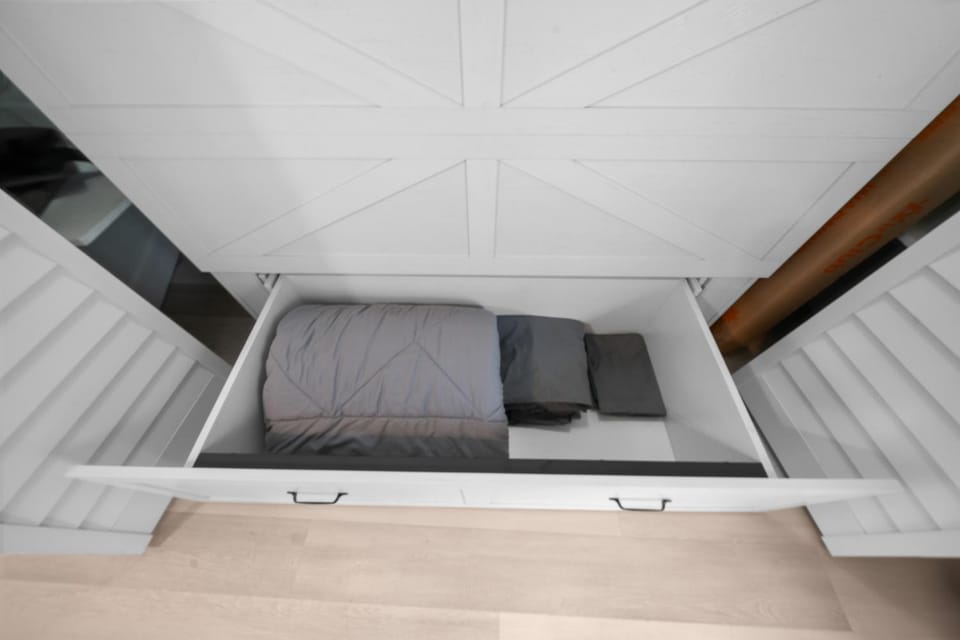Bed, wardrobe
