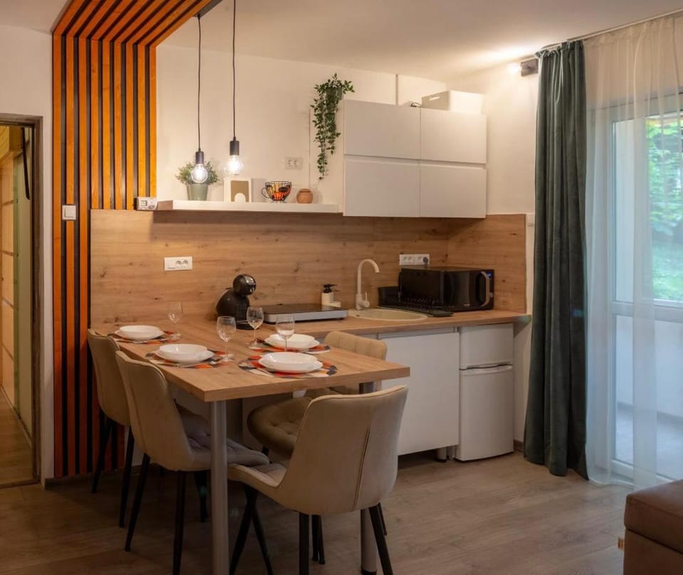 Coffee/tea facilities, Kitchen or kitchenette, Dining area, stove, toaster