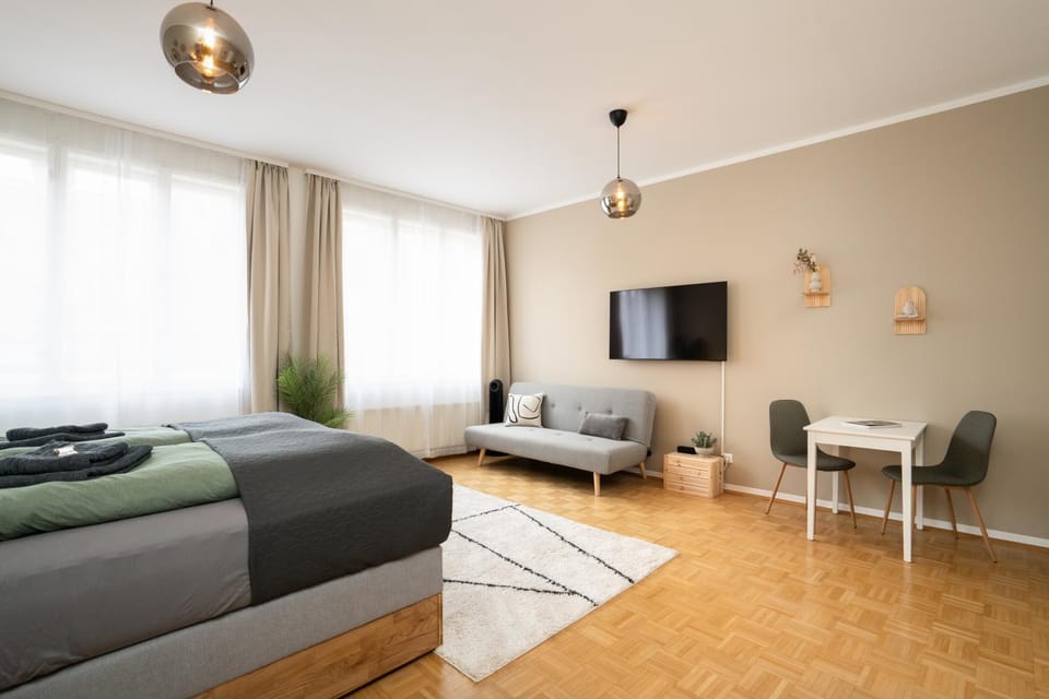 Bed, TV and multimedia, Living room, Photo of the whole room, Seating area, Bedroom