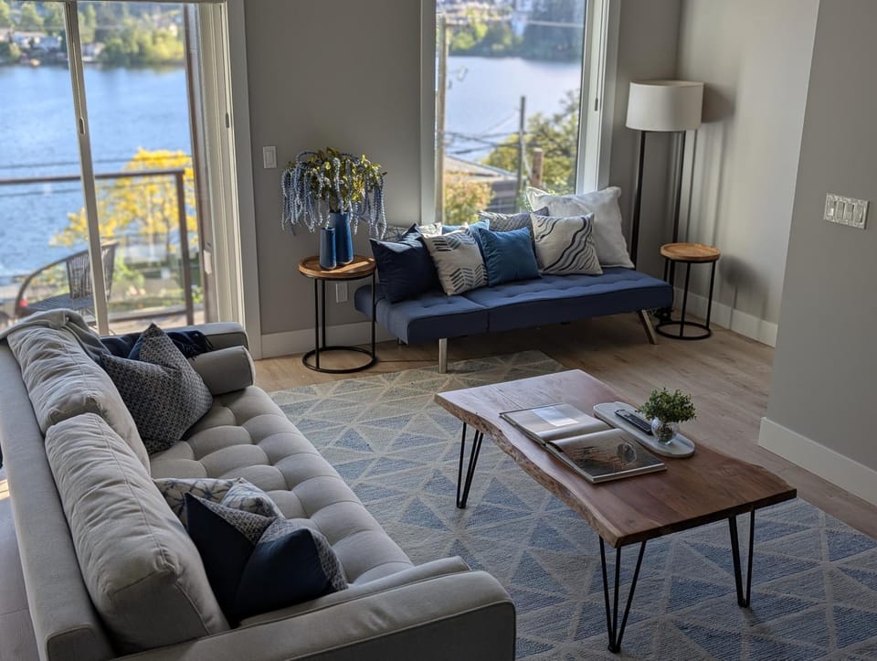 Living room, Seating area, Lake view