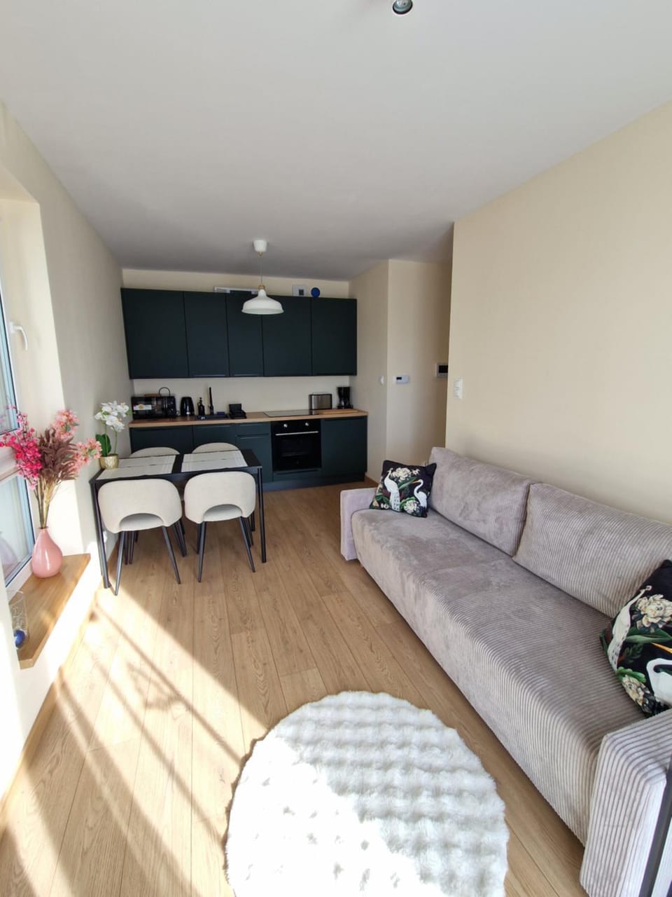 Kitchen or kitchenette, Living room, Seating area, Dining area