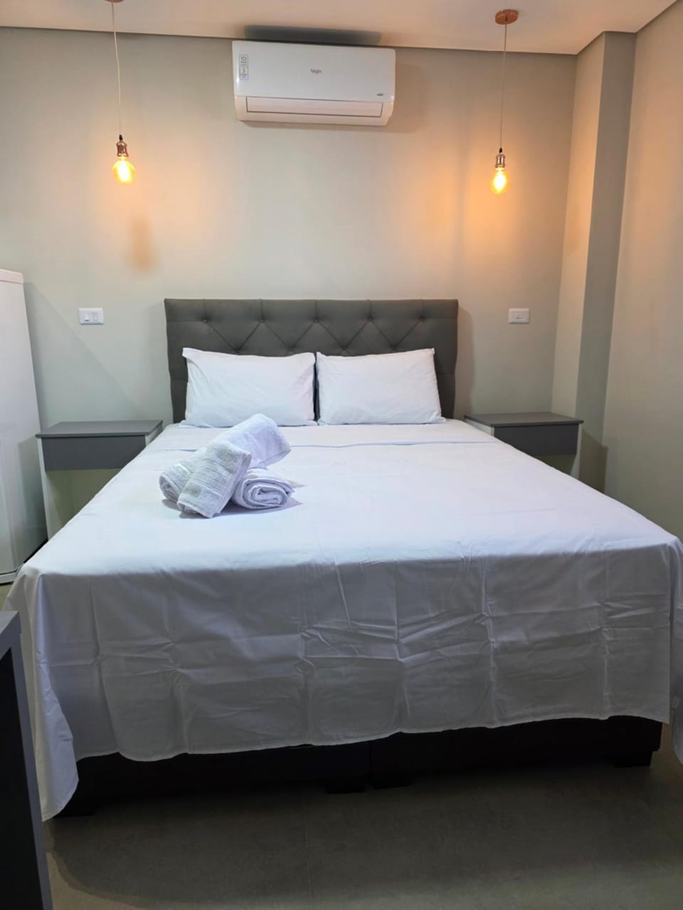Bed, Photo of the whole room, Bedroom, towels, air conditioner