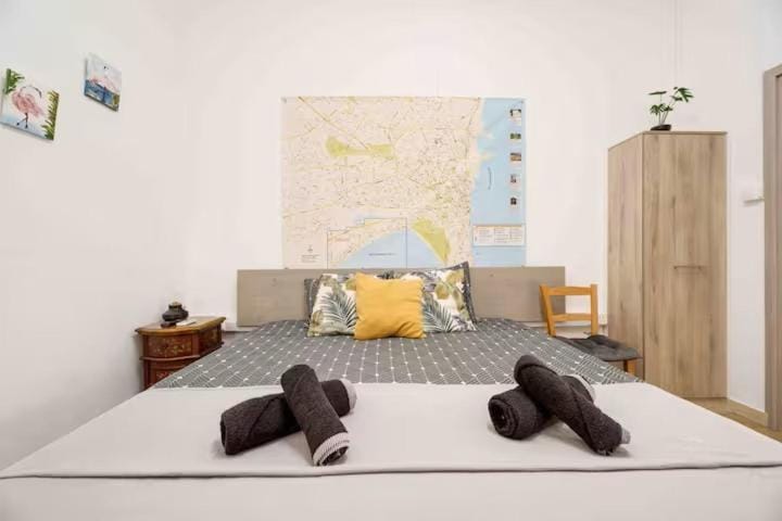 Bed, wardrobe