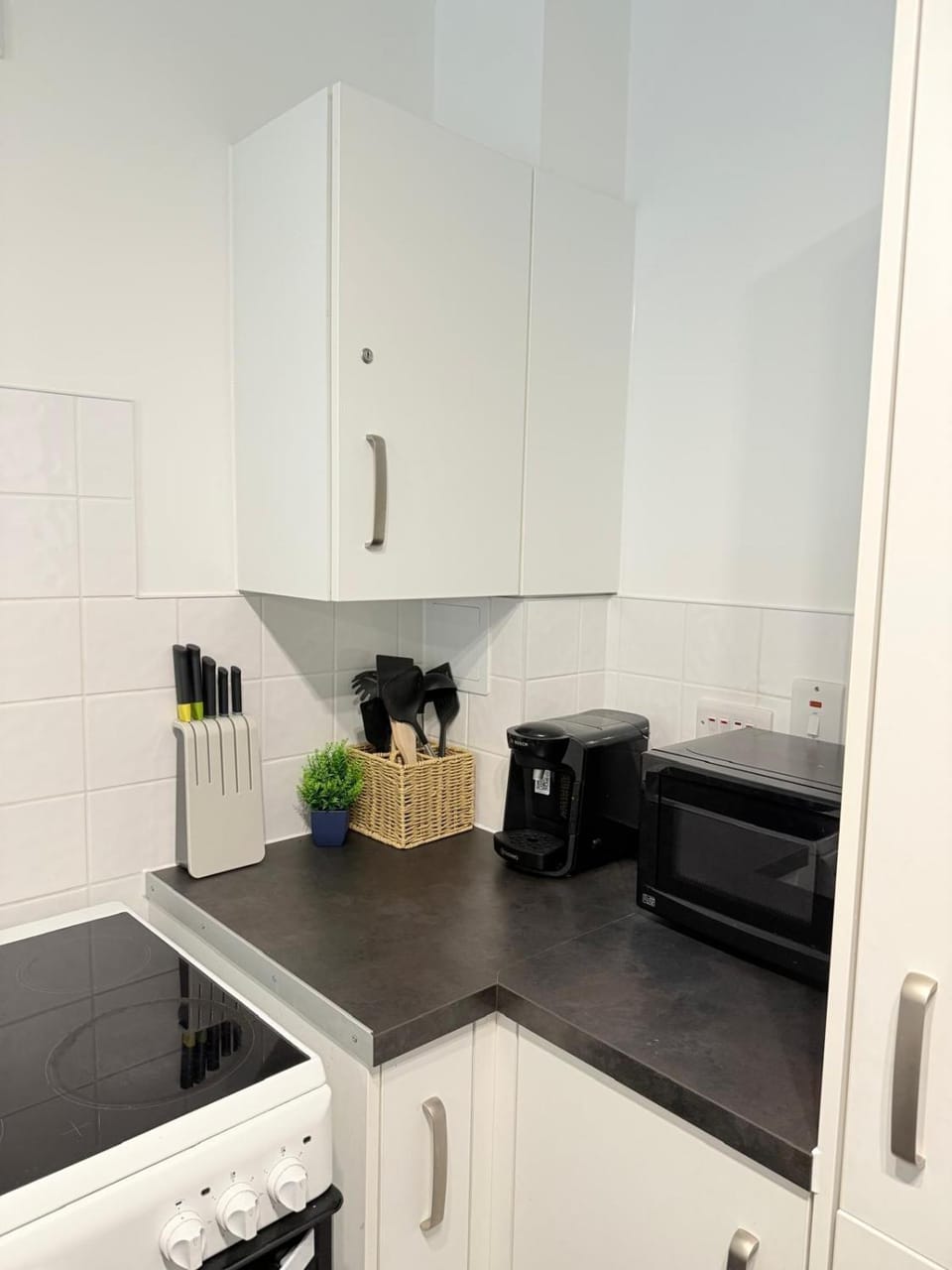 Kitchen or kitchenette, stove, washing machine, dryer