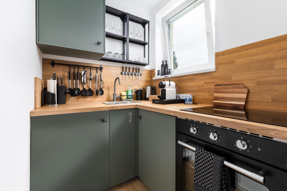 Kitchen or kitchenette, stove