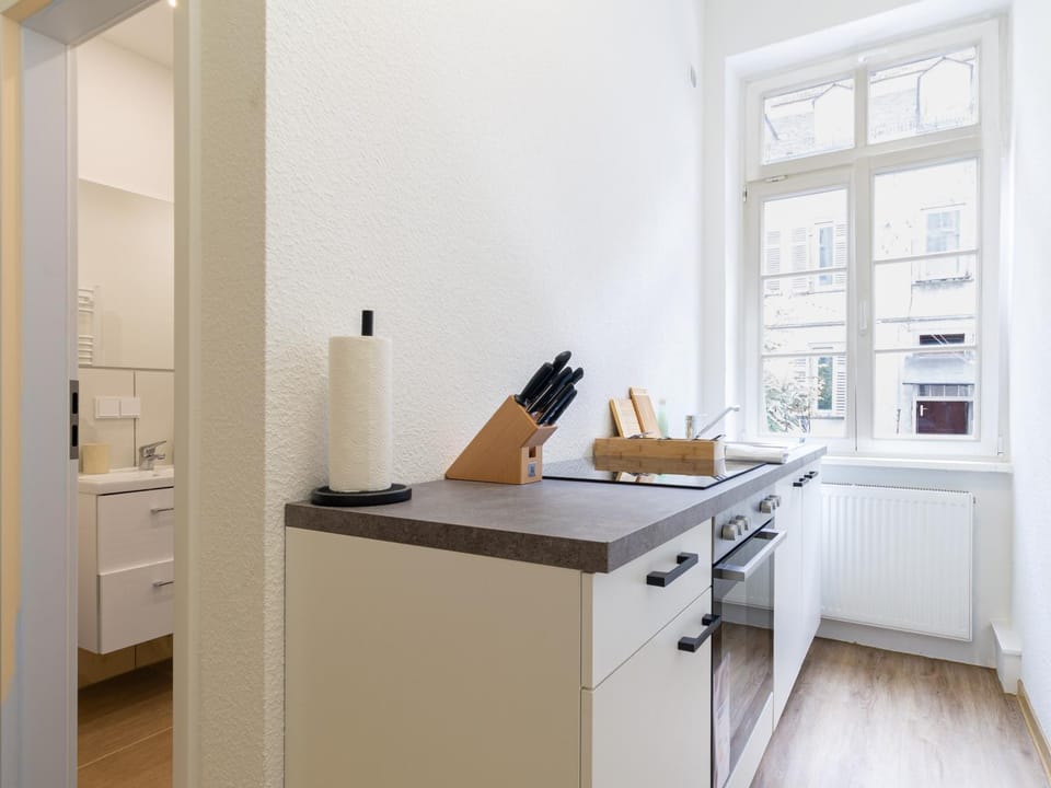 Kitchen or kitchenette, stove, kitchen