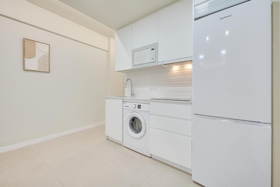 Kitchen or kitchenette, stove, washing machine