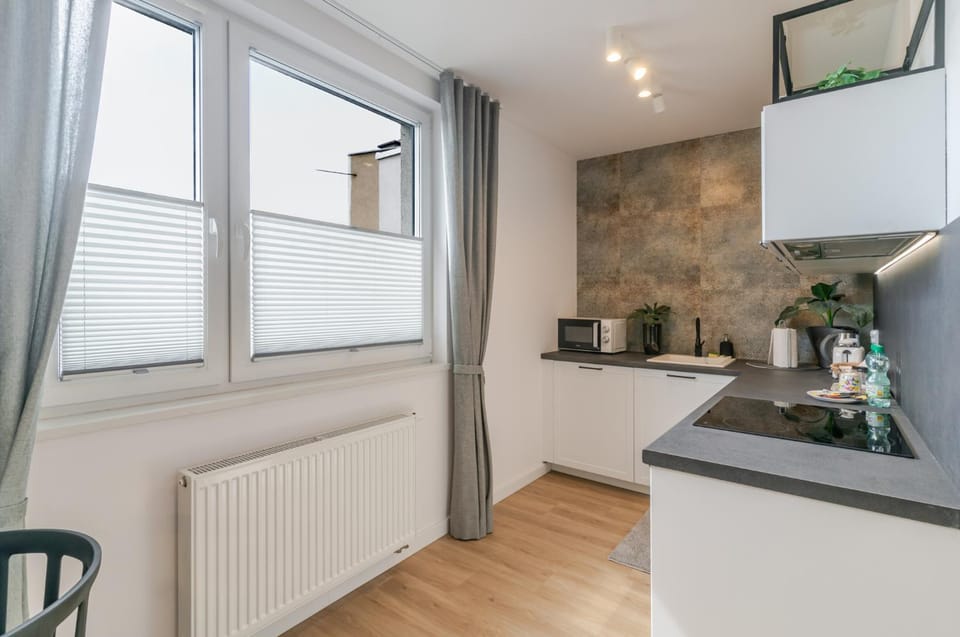 Kitchen or kitchenette, microwave, stove, toaster