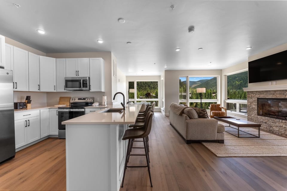 Day, TV and multimedia, View (from property/room), Kitchen or kitchenette, Living room, Seating area, Mountain view, fireplace, furniture, microwave, oven, stove