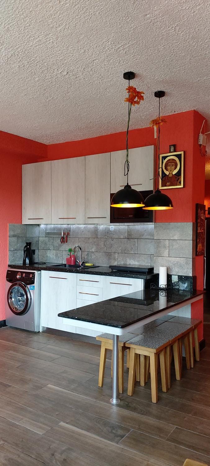 Kitchen or kitchenette, stove