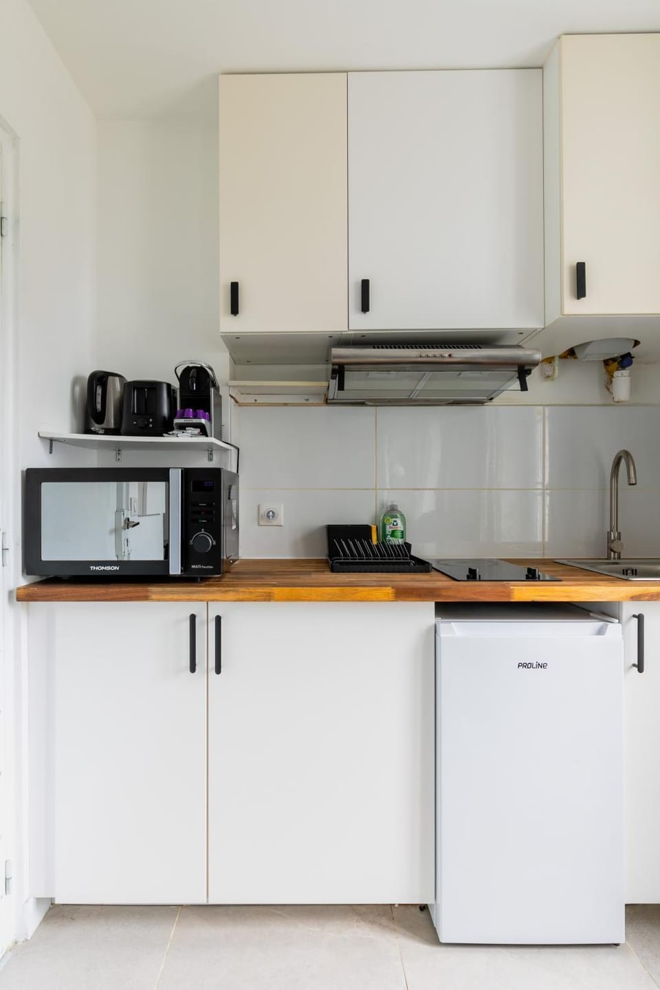 Kitchen or kitchenette, stove