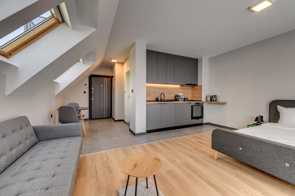 Bed, Kitchen or kitchenette, Living room, oven, stove