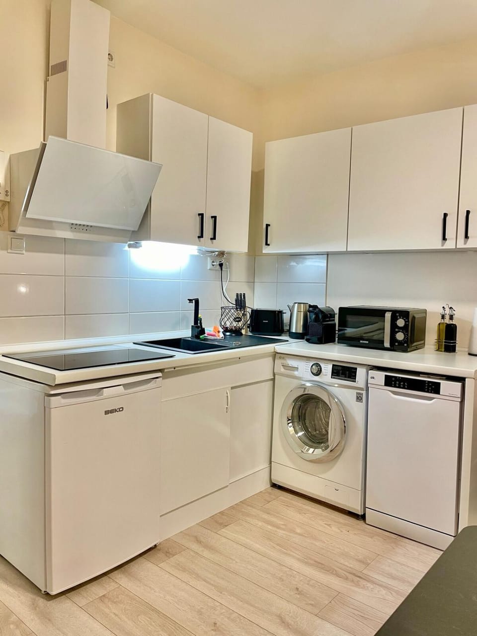 Kitchen or kitchenette, dishwasher, stove, toaster, washing machine