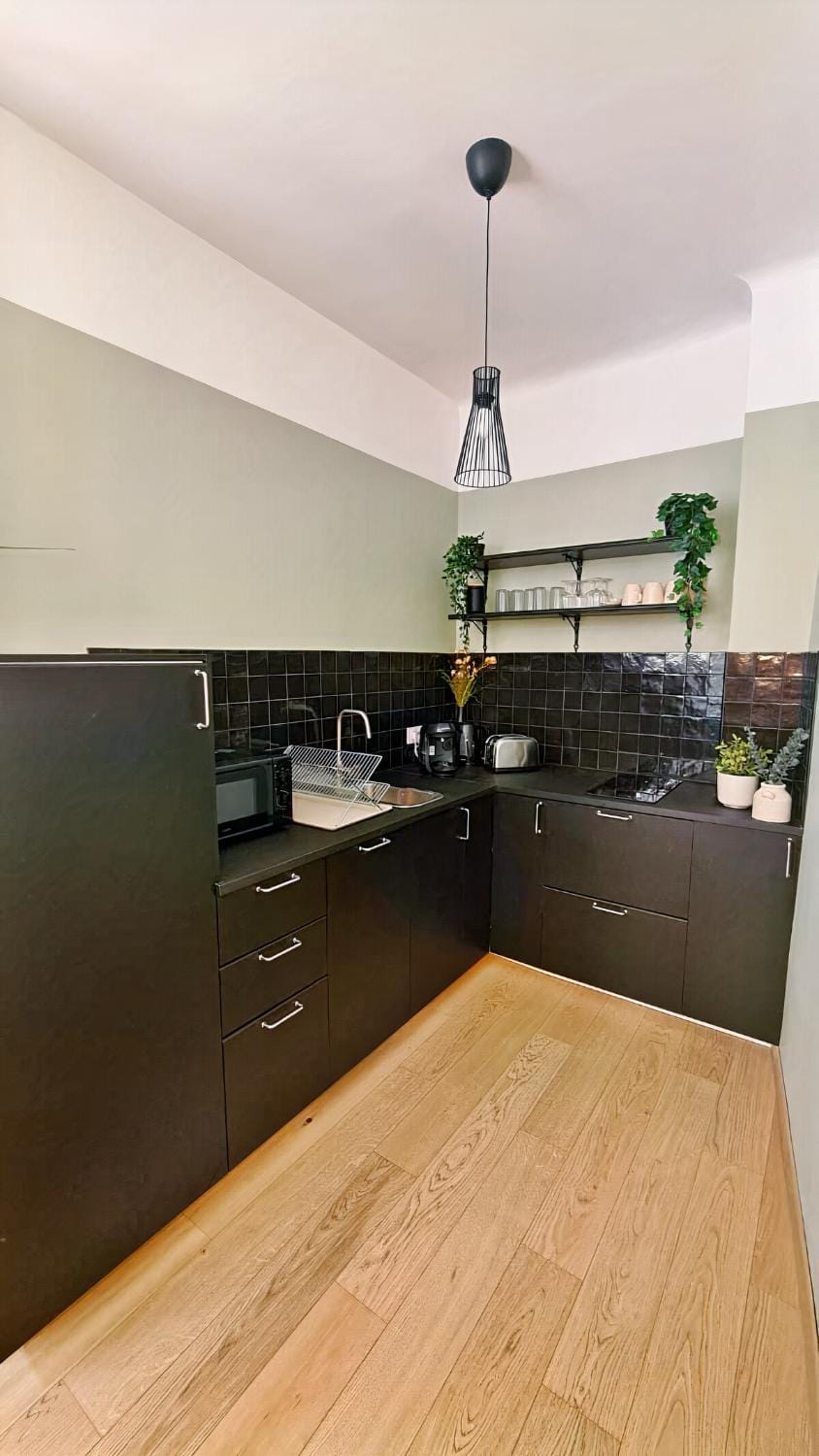 Kitchen or kitchenette, stove