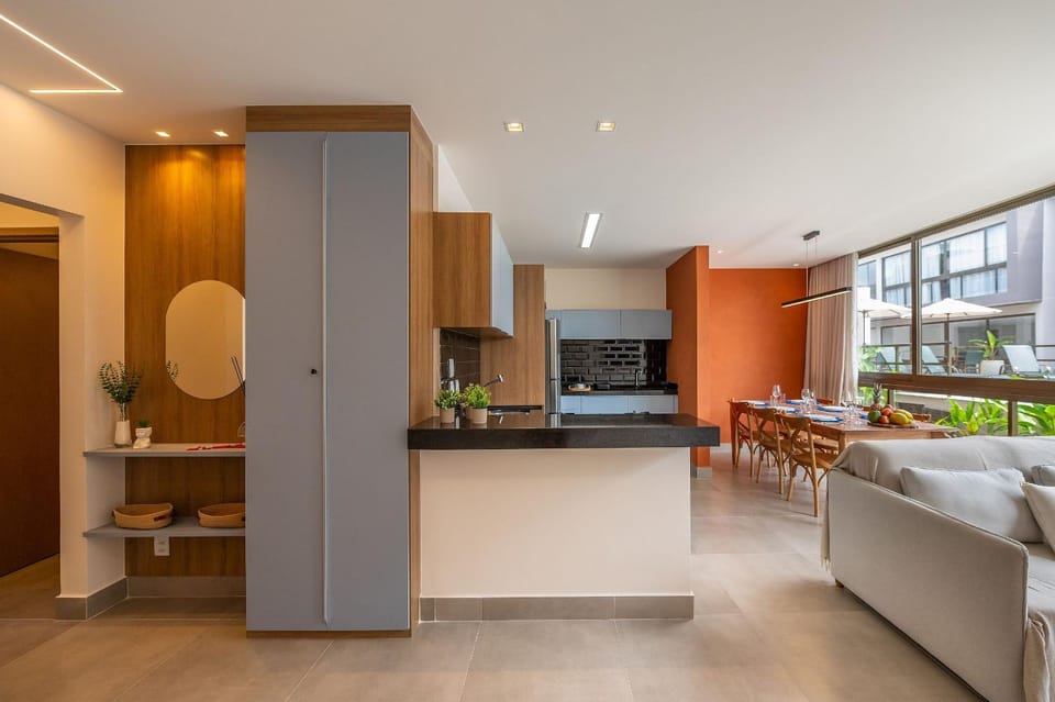 Kitchen or kitchenette, Living room, oven, stove