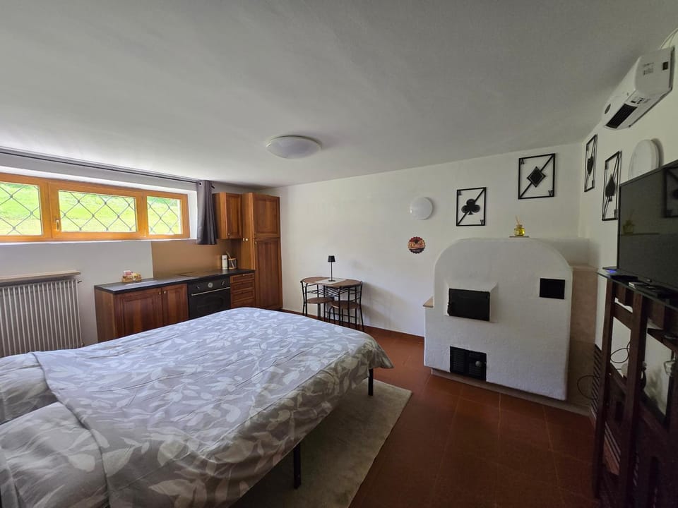 Bedroom, fireplace, kitchen