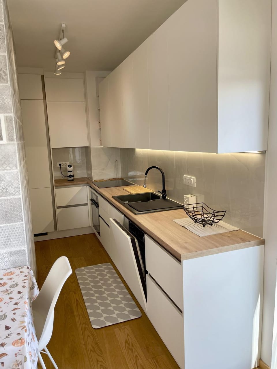 Kitchen or kitchenette, dishwasher, stove