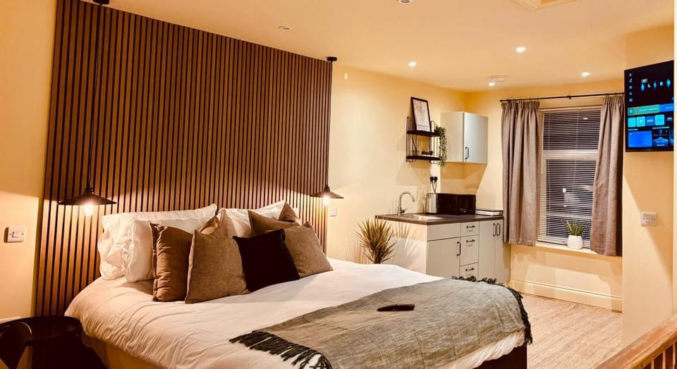Bed, TV and multimedia, Kitchen or kitchenette, Living room, Photo of the whole room, Seating area, Bedroom