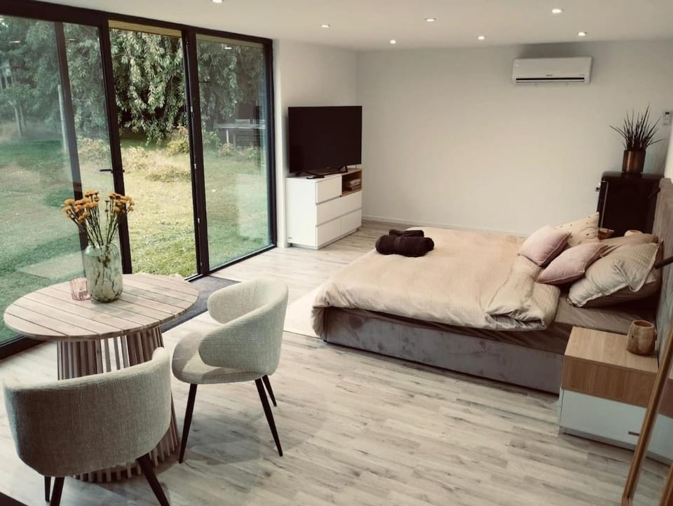 Bed, TV and multimedia, Photo of the whole room, Seating area, Bedroom, Garden view, air conditioner