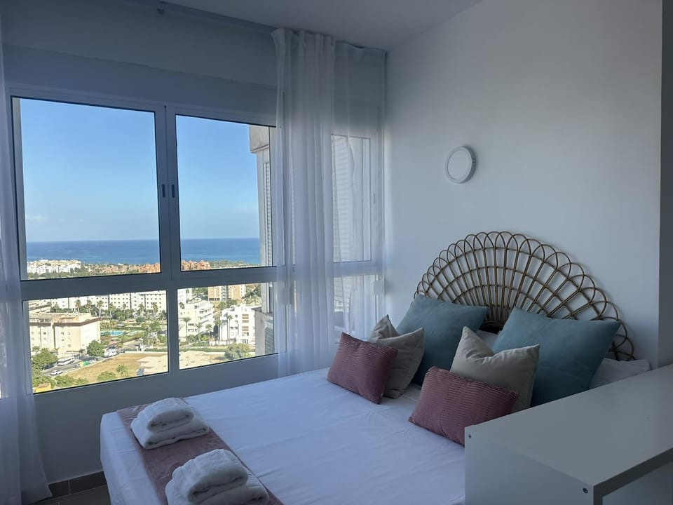 Bed, Bird's eye view, City view, Sea view