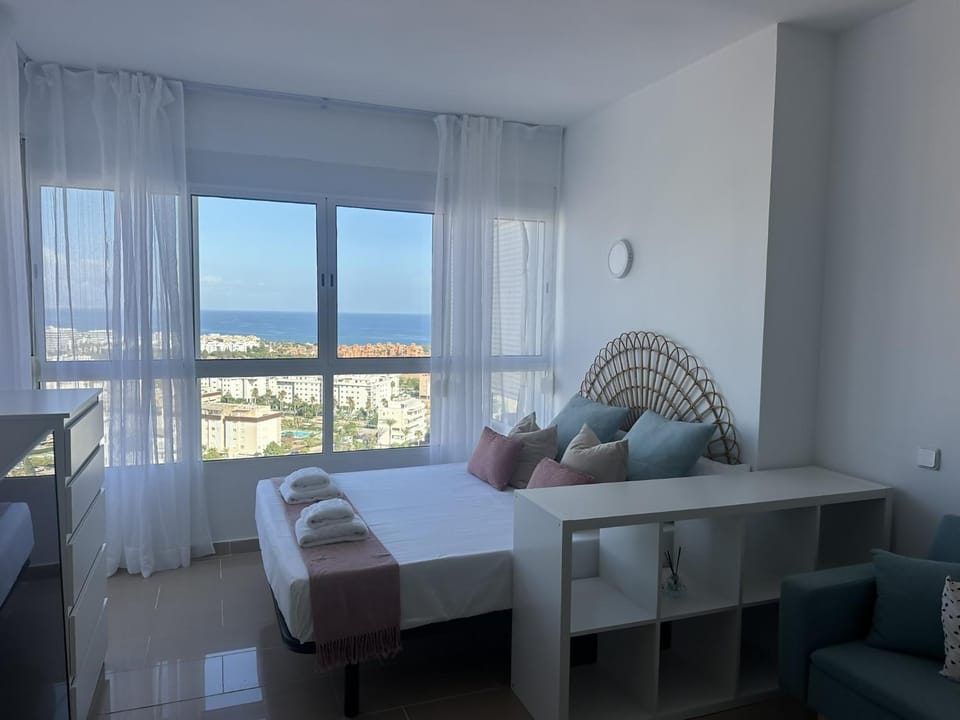 Bed, Bird's eye view, City view, Sea view