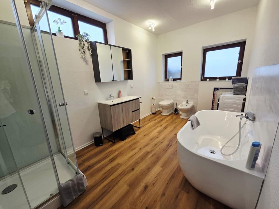 Shower, Toilet, Bathroom, Bath, bidet, hair dryier, towels, washing machine