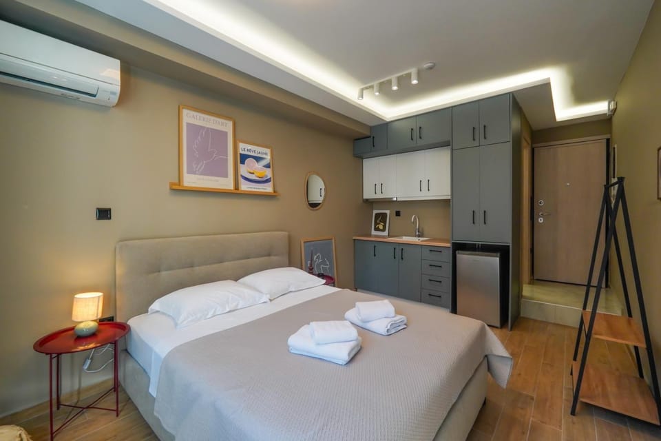 Bed, Kitchen or kitchenette, Photo of the whole room, Bedroom, towels, wardrobe, air conditioner