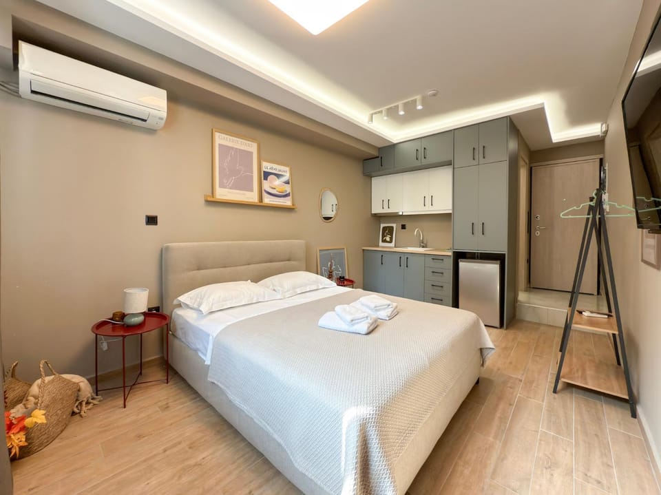 Bed, Kitchen or kitchenette, Photo of the whole room, Bedroom, towels, air conditioner