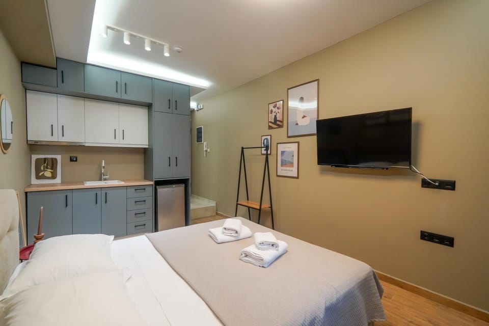 Bed, TV and multimedia, Kitchen or kitchenette, Photo of the whole room, Bedroom, towels