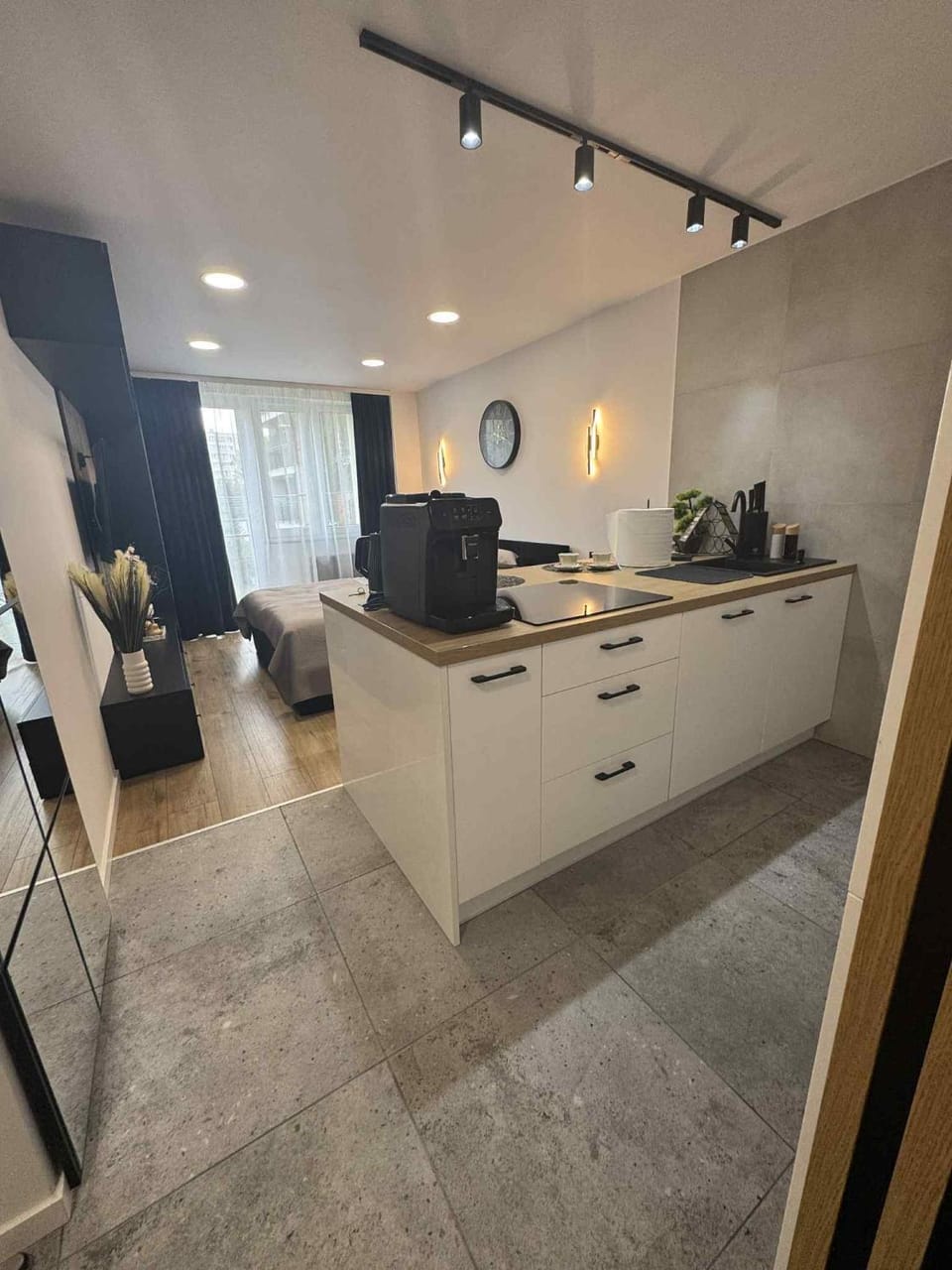 Kitchen or kitchenette, stove
