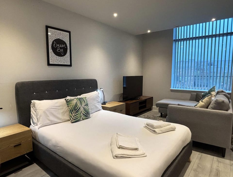 Bed, TV and multimedia, Living room, Seating area, Bedroom