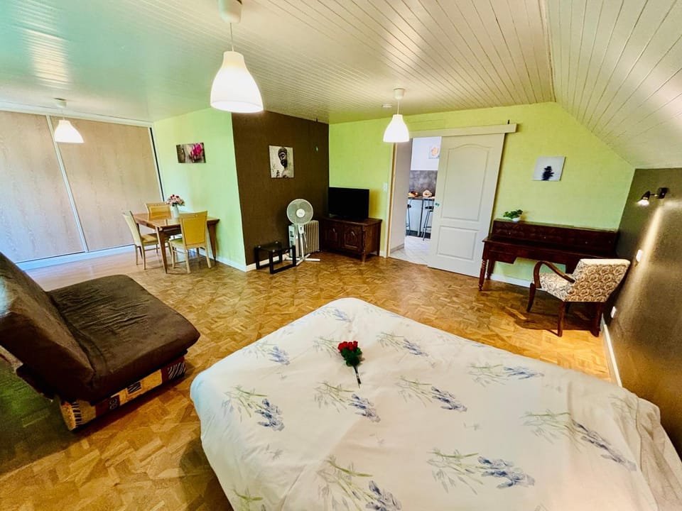 Bed, TV and multimedia, Living room, Photo of the whole room, Seating area, Dining area, Bedroom