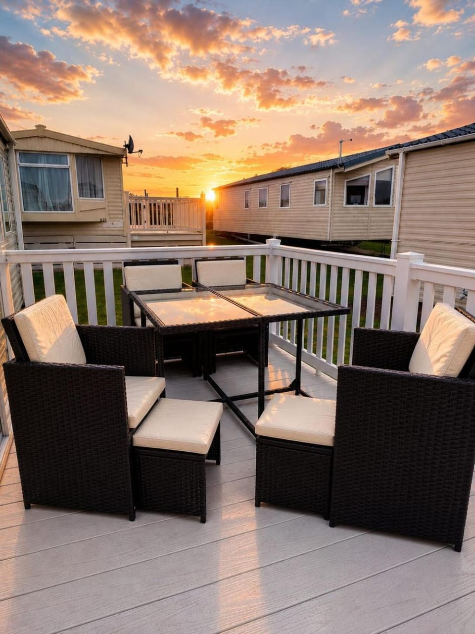 Property building, Patio, Balcony/Terrace, Seating area, Dining area, Sunset