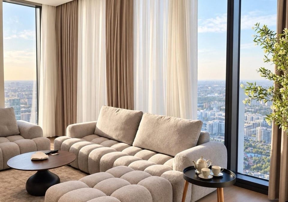 View (from property/room), Living room, Seating area, City view, Garden view