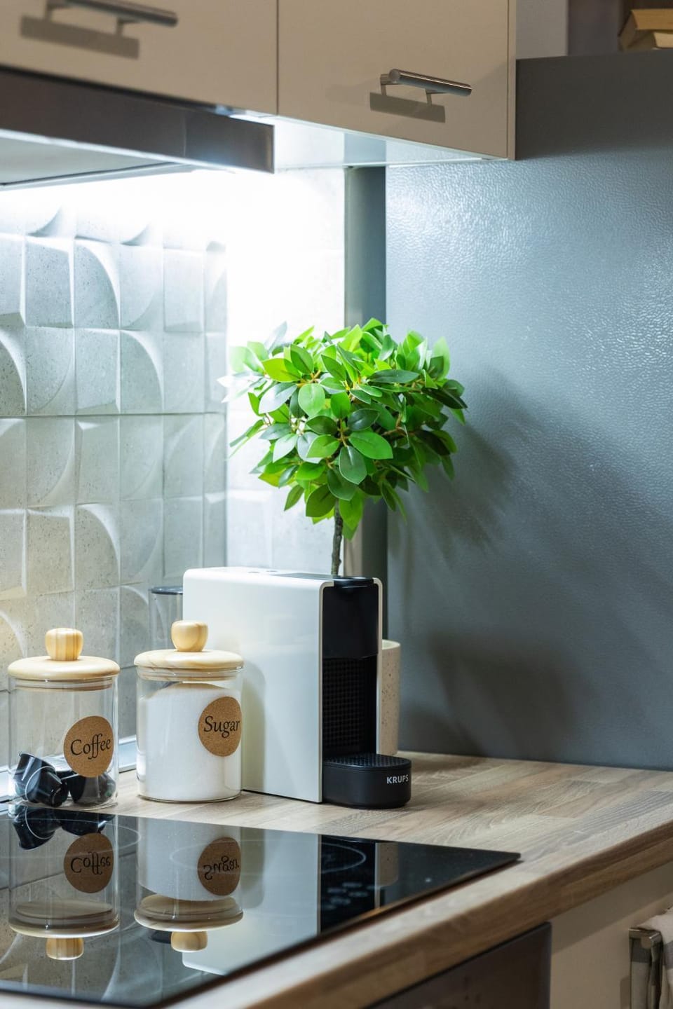 Kitchen or kitchenette, stove