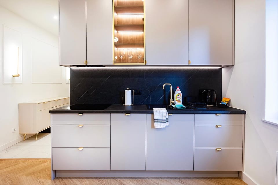 Kitchen or kitchenette, stove
