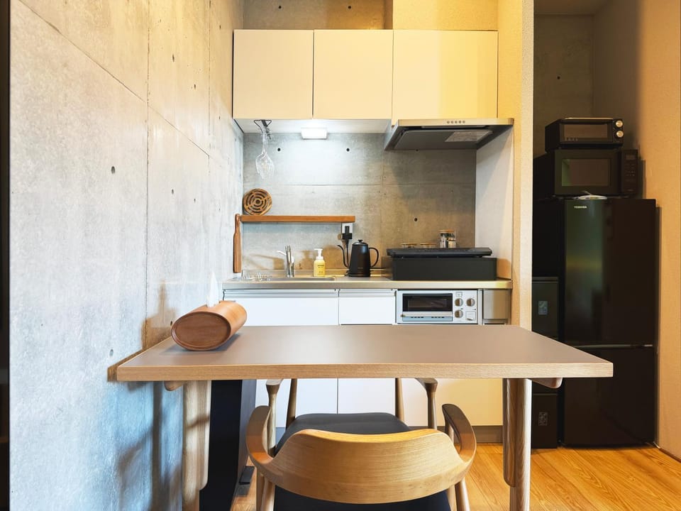Kitchen or kitchenette, Living room, Dining area, oven, stove, toaster