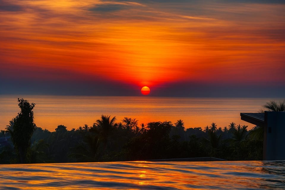 Property building, Natural landscape, Sea view, Swimming pool, Sunset