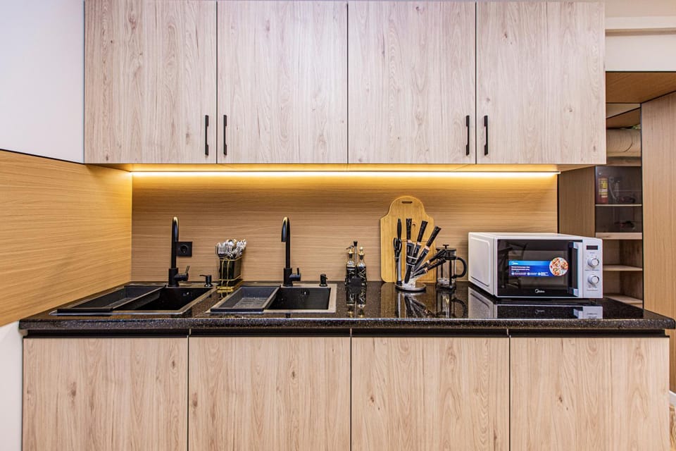 Kitchen or kitchenette, stove