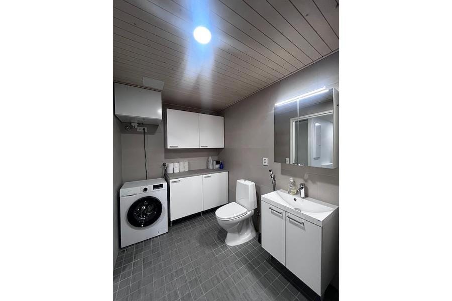 Toilet, towels, washing machine, dryer