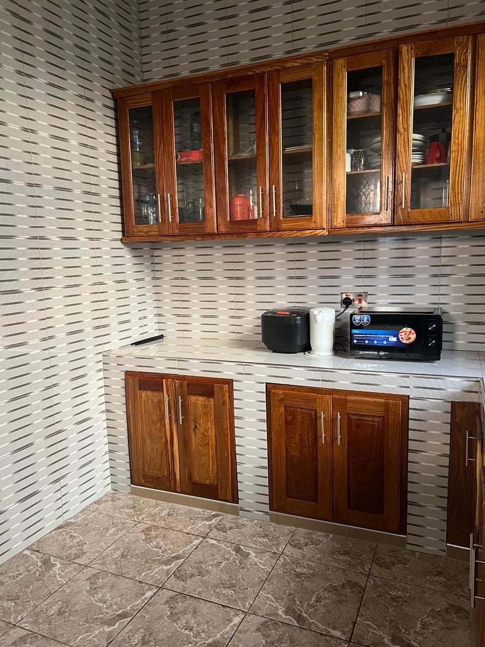 Kitchen or kitchenette, microwave
