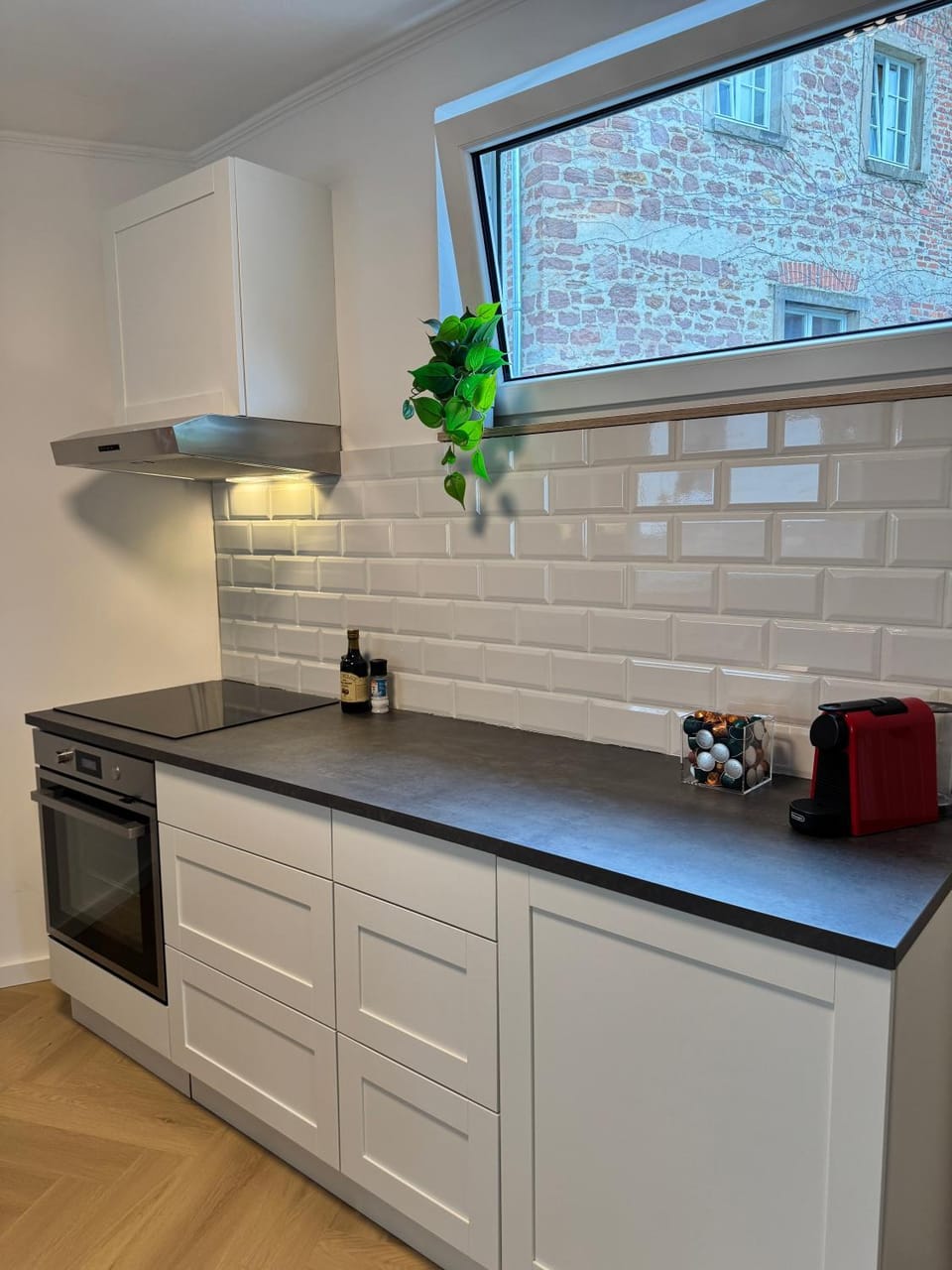 Kitchen or kitchenette, stove